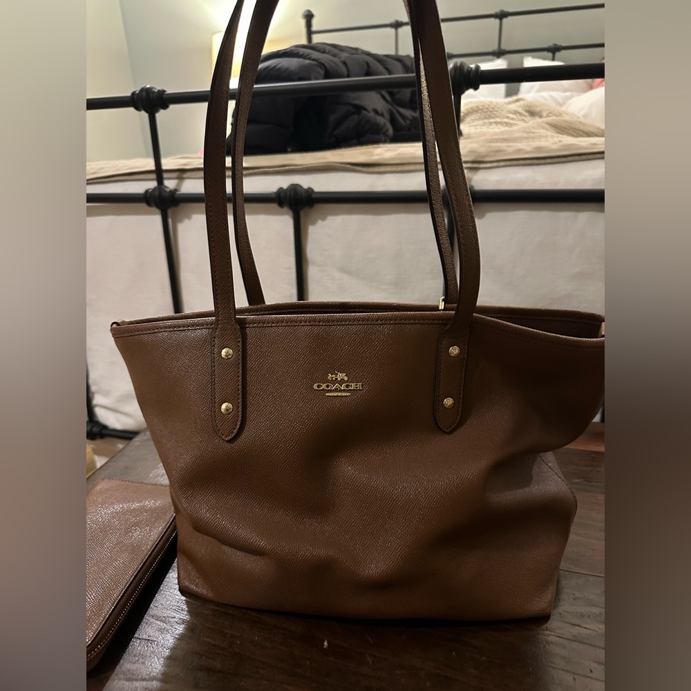 Coach Brown Leather Tote Bag + Matching Wallet